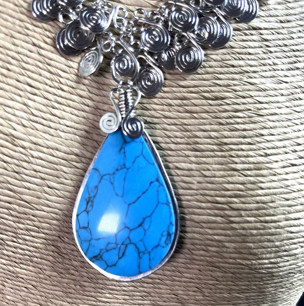 Turquoise Semiprecious Stone & Alpaca Silver Handmade Medallion From Peru NEW